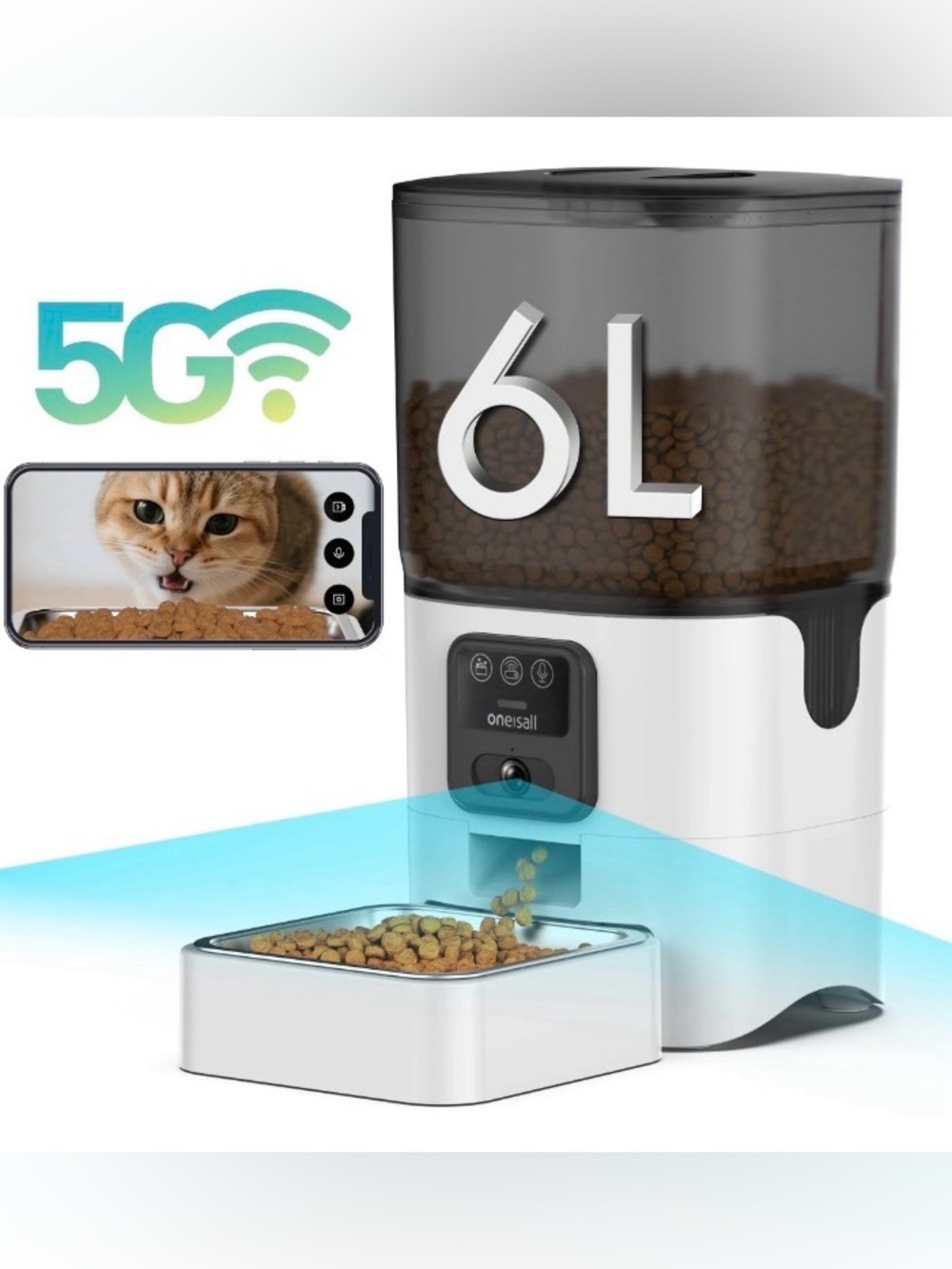 Onesall 6L Smart Automatic Pet Feeder 5GHz and 2.4GHz 6L/25 Cups With Camera.